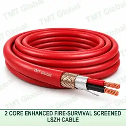 TMT Global 2 core enhanced fire-survival screened LSZH cable with red fire-resistant jacket, foil and braid screen, and two copper conductors.