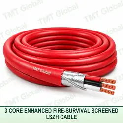 TMT Global 3 core enhanced fire-survival screened LSZH cable with red fire-resistant jacket, foil and braid screen, and three copper conductors.