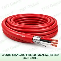 TMT Global 3 core standard fire-survival screened LSZH cable with red fire-resistant jacket, foil and braid screen, and three copper conductors.