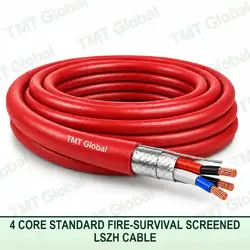TMT Global 4 core standard fire-survival screened LSZH cable with red fire-resistant jacket, foil and braid screen, and four copper conductors.