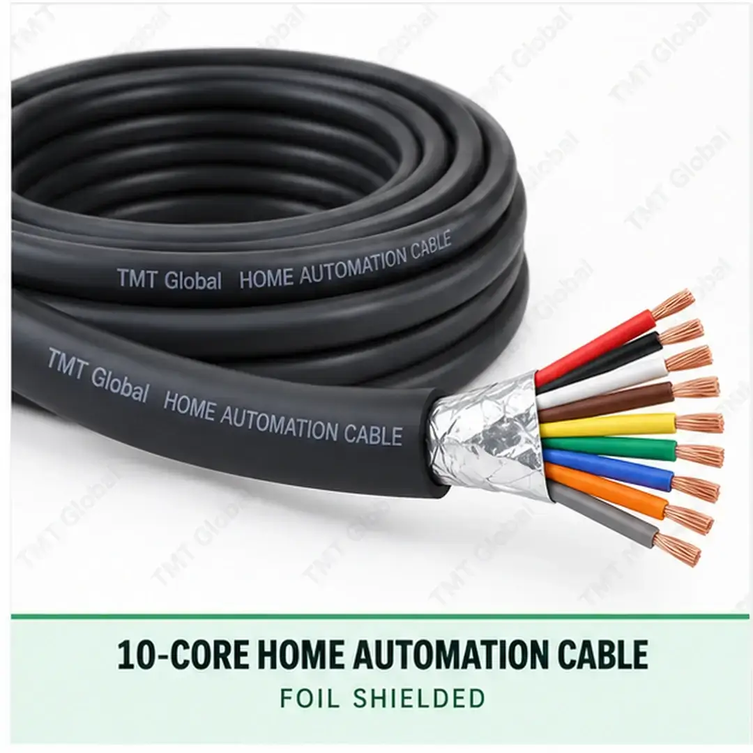 TMT Global 10 core foil shielded home automation cable, with 10 colored copper conductors. TMT Global 10 core foil shielded home automation cable, with 10 colored copper conductors.