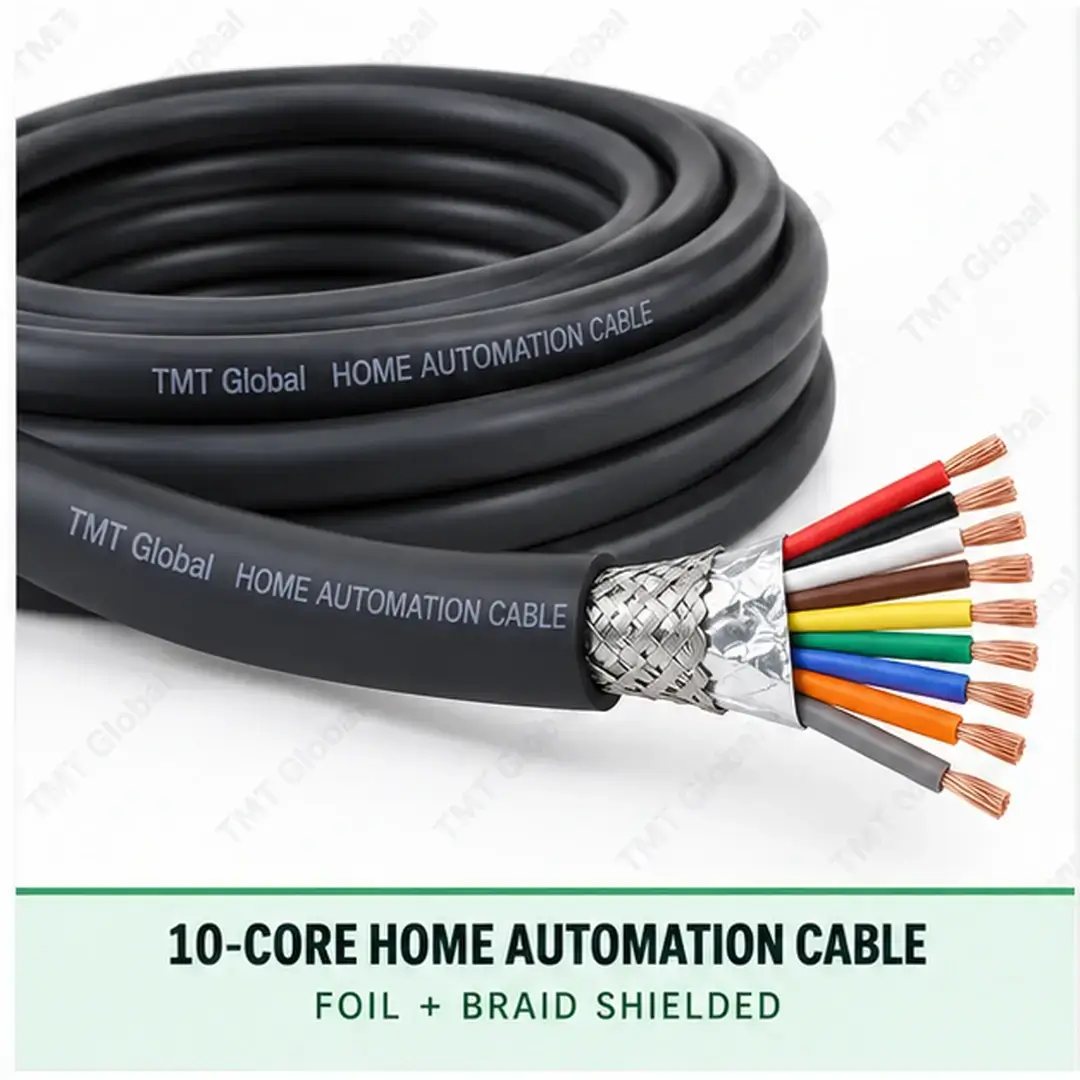 TMT Global 10 core foil + braid shielded home automation cable, with 10 colored copper conductors. TMT Global 10 core foil + braid shielded home automation cable, with 10 colored copper conductors.