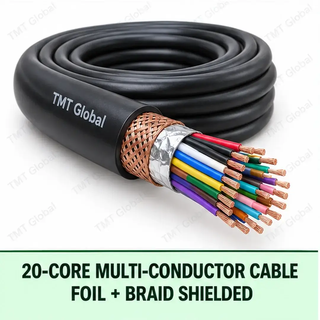 TMT Global 20 core foil + braid shielded multi-conductor cable, with 20 individually insulated copper conductors. TMT Global 20 core foil + braid shielded multi-conductor cable, with 20 individually insulated copper conductors.