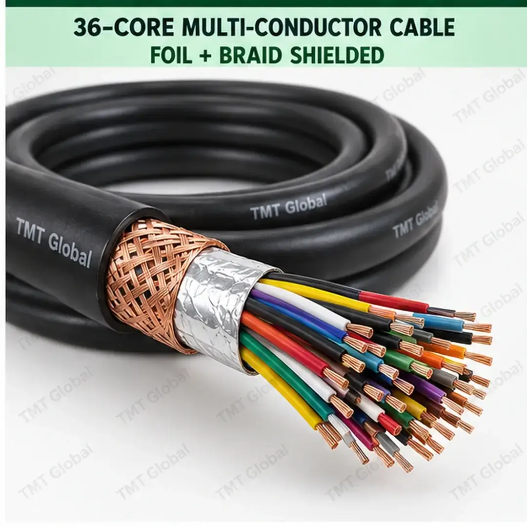 TMT Global 36 core foil + braid shielded multi-conductor cable, with 36 individually insulated copper conductors. TMT Global 36 core foil + braid shielded multi-conductor cable, with 36 individually insulated copper conductors.