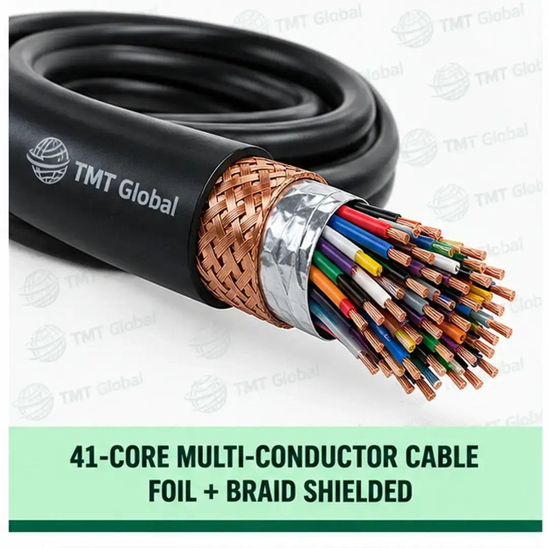 TMT Global 41 core foil + braid shielded multi-conductor cable, with 41 individually insulated copper conductors. TMT Global 41 core foil + braid shielded multi-conductor cable, with 41 individually insulated copper conductors.