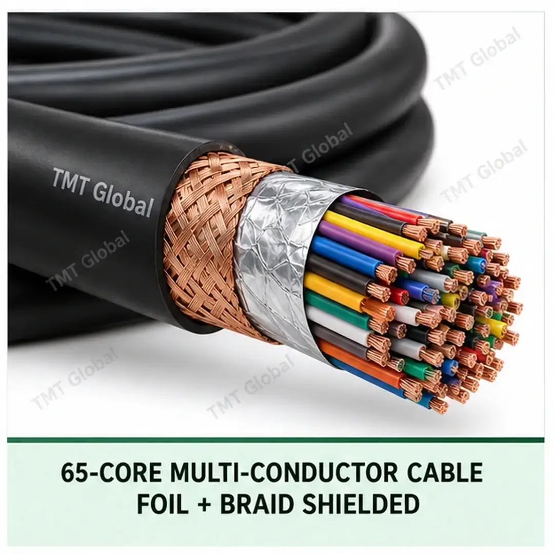 TMT Global 65 core foil + braid shielded multi-conductor cable, with 65 individually insulated copper conductors. TMT Global 65 core foil + braid shielded multi-conductor cable, with 65 individually insulated copper conductors.