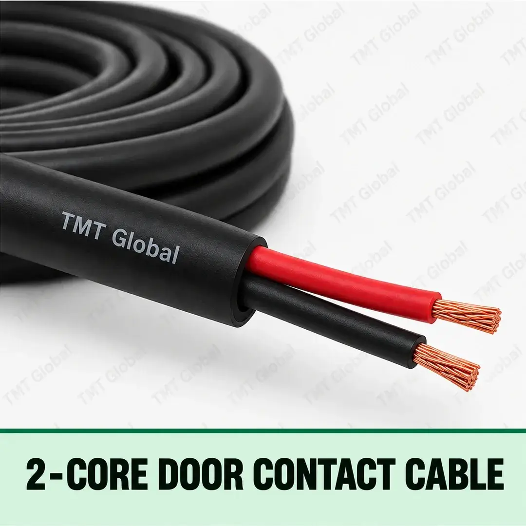 TMT Global 2-Core Door Contact Cable, slim black outer jacket, exactly two insulated copper conductors, one red and one black, two visible tips, no shield. TMT Global 2-Core Door Contact Cable, slim black outer jacket, exactly two insulated copper conductors, one red and one black, two visible tips, no shield.