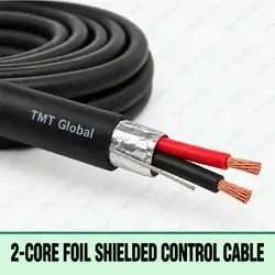 TMT Global 2-Core Foil Shielded Control Cable, black jacket, single aluminum foil shield with drain wire, exactly two insulated copper conductors and two visible tips.