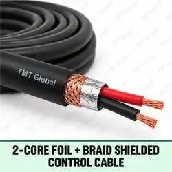 TMT Global 2-Core Foil + Braid Shielded Control Cable, black outer jacket, aluminum foil and woven copper-braid shields beneath the jacket, exactly two insulated copper conductors and two visible tips.