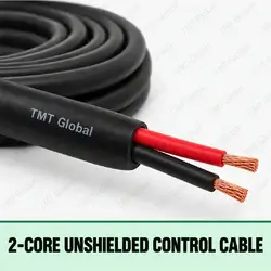 TMT Global 2-Core Unshielded Control Cable, black jacket, no foil or braid, exactly two insulated stranded copper conductors in red and black, two visible tips.