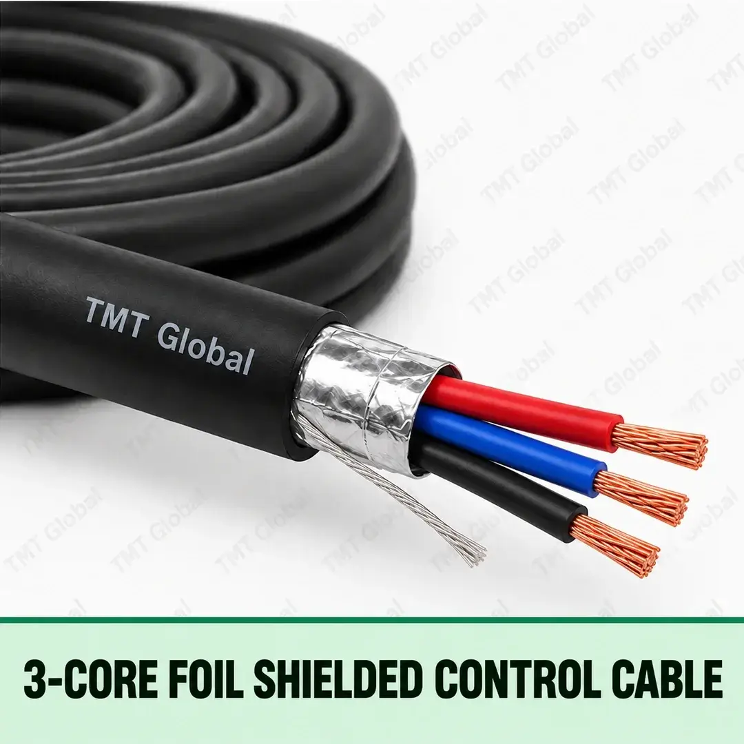 TMT Global 3-Core Foil Shielded Control Cable, black jacket, aluminum foil shield with drain wire, exactly three insulated copper conductors in red, blue and black, three visible tips. TMT Global 3-Core Foil Shielded Control Cable, black jacket, aluminum foil shield with drain wire, exactly three insulated copper conductors in red, blue and black, three visible tips.