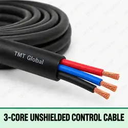 TMT Global 3-Core Unshielded Control Cable, black jacket without foil or braid, exactly three insulated copper conductors in red, blue and black, three visible tips.