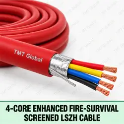 TMT Global 4 core enhanced fire-survival screened LSZH cable with a red fire-resistant jacket, foil screen and four copper conductors.