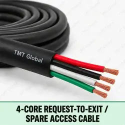 TMT Global 4-Core Request-to-Exit / Spare Access Cable, black unshielded outer jacket, exactly four colored insulated copper conductors for request-to-exit and spare access signals, four visible tips, no foil or braid.