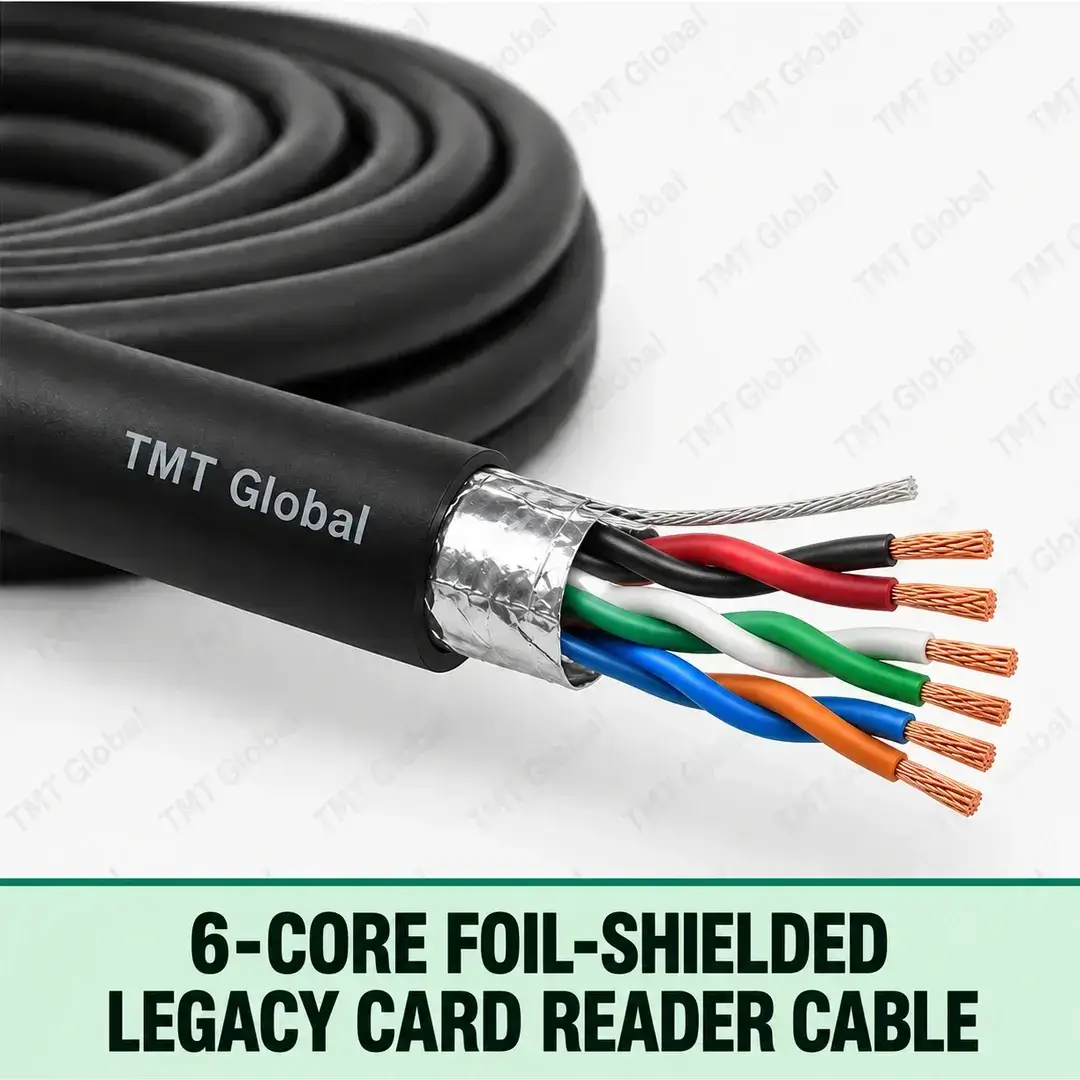 TMT Global 6-Core Foil-Shielded Legacy Card Reader Cable, black jacket, under-jacket foil shield and drain wire, six insulated copper conductors grouped as three twisted color-coded pairs, exactly six tips. TMT Global 6-Core Foil-Shielded Legacy Card Reader Cable, black jacket, under-jacket foil shield and drain wire, six insulated copper conductors grouped as three twisted color-coded pairs, exactly six tips.