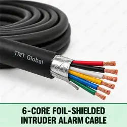 TMT Global 6-Core Foil-Shielded Intruder Alarm Cable, black jacket, foil screen with drain wire beneath, exactly six distinct insulated stranded copper conductors and six visible tips.