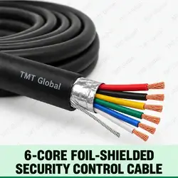 TMT Global 6-Core Foil-Shielded Security Control Cable, black jacket with aluminum foil screen and drain wire, exactly six individually insulated copper conductors, six distinct tips.