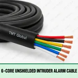 TMT Global 6-Core Unshielded Intruder Alarm Cable, black jacket, no foil or braid, exactly six distinct colored insulated stranded copper conductors and six visible tips.