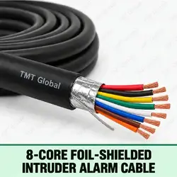 TMT Global 8-Core Foil-Shielded Intruder Alarm Cable, black outer jacket, foil screen and drain wire under jacket, exactly eight colored insulated stranded copper conductors with eight clearly visible tips.