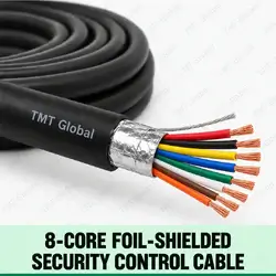 TMT Global 8-Core Foil-Shielded Security Control Cable, black outer jacket, foil wrap and drain wire, exactly eight colored insulated stranded copper cores and eight visible tips.