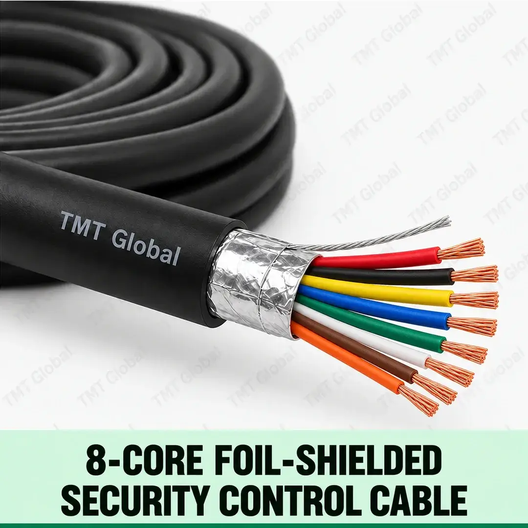 TMT Global 8-Core Foil-Shielded Security Control Cable, black outer jacket, foil wrap and drain wire, exactly eight colored insulated stranded copper cores and eight visible tips. TMT Global 8-Core Foil-Shielded Security Control Cable, black outer jacket, foil wrap and drain wire, exactly eight colored insulated stranded copper cores and eight visible tips.