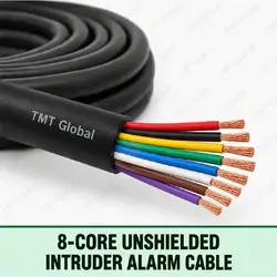 TMT Global 8-Core Unshielded Intruder Alarm Cable, black outer jacket, no foil or braid, exactly eight colored insulated stranded copper conductors, eight visible tips.