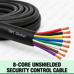 TMT Global 8-Core Unshielded Security Control Cable, black jacket without shielding, exactly eight separate colored insulated stranded copper cores, eight exposed tips.
