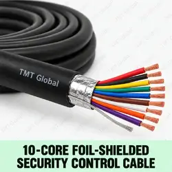 TMT Global 10-Core Foil-Shielded Security Control Cable, black outer jacket, foil screen and drain wire beneath it, exactly ten insulated color-coded copper cores, ten tips clearly visible.