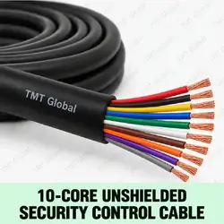 TMT Global 10-Core Unshielded Security Control Cable, black outer jacket without foil or braid, exactly ten insulated color-coded stranded copper conductors, ten distinct visible tips.