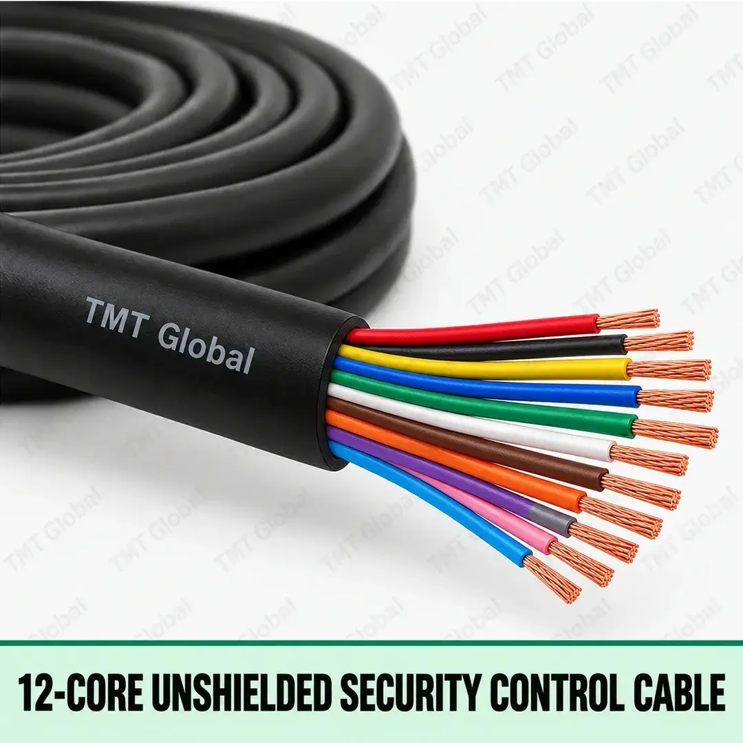 TMT Global 12-Core Unshielded Security Control Cable, black jacket, no foil or braid, exactly twelve individually insulated colored stranded copper conductors, twelve visible tips. TMT Global 12-Core Unshielded Security Control Cable, black jacket, no foil or braid, exactly twelve individually insulated colored stranded copper conductors, twelve visible tips.