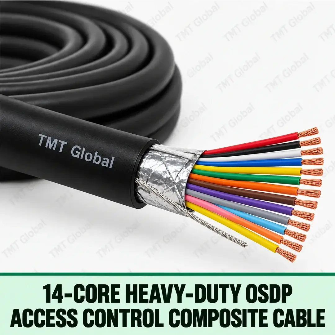 TMT Global 14-Core Heavy-Duty OSDP Access Control Composite Cable, heavy black UV-resistant outer jacket, ripcord, foil shield and drain wire, tightly organized 14 insulated copper conductors in clearly distinguishable colors, exactly fourteen wire tips. TMT Global 14-Core Heavy-Duty OSDP Access Control Composite Cable, heavy black UV-resistant outer jacket, ripcord, foil shield and drain wire, tightly organized 14 insulated copper conductors in clearly distinguishable colors, exactly fourteen wire tips.