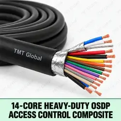 TMT Global 14-Core Heavy-Duty OSDP Access Control Composite, rugged black outer jacket, foil-shielded OSDP data pair with drain wire, grouped reader and lock-power cores, exactly fourteen insulated conductors, heavy-duty proportions.