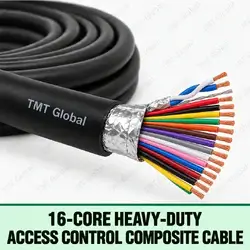 TMT Global 16-Core Heavy-Duty Access Control Composite Cable, heavy-duty black outer jacket, foil-screened data pair plus separate power and control cores, exactly sixteen distinct insulated copper conductors, sixteen clean visible wire tips.