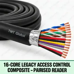 TMT Global 16-Core Legacy Access Control Composite – Pairised Reader, black jacket with pairised reader conductors grouped as twisted pairs and separate lock/power conductors, exactly sixteen individually insulated copper conductor tips, foil-screen reader pair bundle.