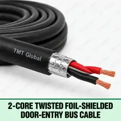 TMT Global 2-Core Twisted Foil-Shielded Door-Entry Bus Cable, black jacket, exactly one red and one black insulated stranded copper conductor twisted together under a foil shield with drain wire, two conductor tips only.
