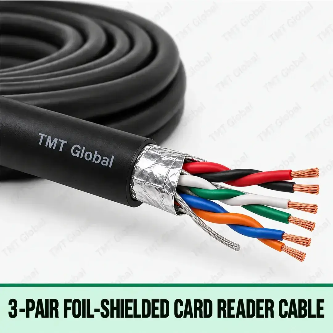 TMT Global 3-Pair Foil-Shielded Card Reader Cable, black outer jacket, foil wrap around three separately twisted color-coded pairs and drain wire, exactly six insulated copper conductors with six visible tips. TMT Global 3-Pair Foil-Shielded Card Reader Cable, black outer jacket, foil wrap around three separately twisted color-coded pairs and drain wire, exactly six insulated copper conductors with six visible tips.