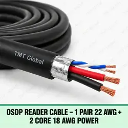 TMT Global OSDP Reader Cable – 1 Pair 22 AWG + 2 Core 18 AWG Power, one small 22 AWG twisted foil-shielded data pair plus two 18 AWG insulated power conductors, exactly four copper tips, power cores modestly thicker than data pair.