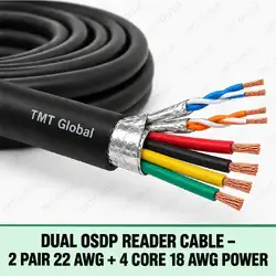 TMT Global Dual OSDP Reader Cable – 2 Pair 22 AWG + 4 Core 18 AWG Power, black jacket, exactly two individually twisted and foil-shielded data pairs (four data conductors) plus four larger insulated power conductors, eight copper tips total, visibly show both data pairs and four power cores.