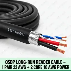 TMT Global OSDP Long-Run Reader Cable – 1 Pair 22 AWG + 2 Core 16 AWG Power, one small 22 AWG twisted foil-shielded data pair (two conductors) plus two visibly thicker 16 AWG insulated power cores, exactly four conductor tips.