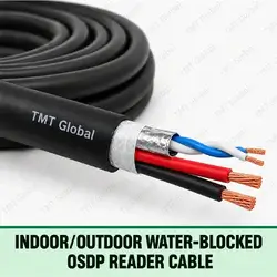 TMT Global Indoor/Outdoor Water-Blocked OSDP Reader Cable, round black PE outdoor common jacket with a water-blocking tape layer, one foil-shielded 120-ohm twisted 22 AWG data pair plus exactly two 18 AWG power conductors, four copper tips total.