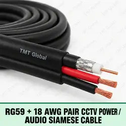 TMT Global RG59 + 18 AWG Pair CCTV Power / Audio Siamese Cable, paired Siamese layout with one RG59 coax (center copper, dielectric and shield braid) plus exactly two thicker insulated 18 AWG power/audio conductors, three visible copper tips total.
