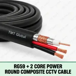 TMT Global RG59 + 2 Core Power Round Composite CCTV Cable, round black jacket containing one RG59 coax (single copper center conductor, white dielectric and visible copper braid/foil screen) alongside exactly two insulated power cores, total three conductor tips.