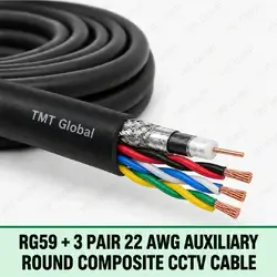TMT Global RG59 + 3 Pair 22 AWG Auxiliary Round Composite CCTV Cable, single black round composite jacket with one RG59 coaxial core (center copper, dielectric, braid/foil shield) and exactly three twisted auxiliary copper pairs (six insulated wires), all cutaways distinct.
