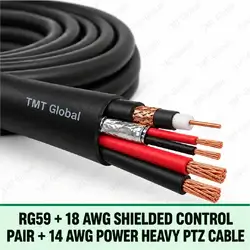 TMT Global RG59 + 18 AWG Shielded Control Pair + 14 AWG Power Heavy PTZ Cable, heavy PTZ composite with one RG59 coax core, one foil-shielded 18 AWG control pair and two much thicker 14 AWG power conductors, five copper tips total.