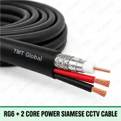 TMT Global RG6 + 2 Core Power Siamese CCTV Cable, Siamese black cable with RG6 coax (central copper conductor, dielectric, foil/braid shield) alongside exactly two insulated power cores, three copper tips total.