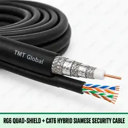 TMT Global RG6 Quad-Shield + Cat6 Hybrid Siamese Security Cable, black jacket with one RG6 quad-shield coax (single copper center conductor, dielectric, two foil layers and two braid layers) plus one separate Cat6 data cable whose cut end clearly shows four twisted pairs, eight wires total.