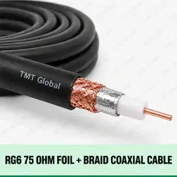TMT Global RG6 75 Ohm Foil + Braid Coaxial Cable, single RG6 coax with one center copper conductor, dielectric, one aluminum foil wrap and one copper-braid shield, black jacket.