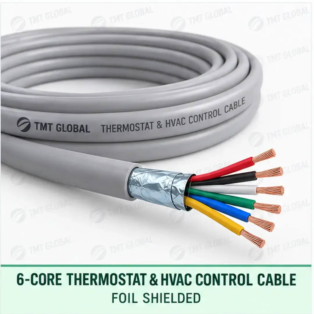 TMT Global 6 core foil shielded thermostat and HVAC control cable, with 6 insulated copper conductors. TMT Global 6 core foil shielded thermostat and HVAC control cable, with 6 insulated copper conductors.